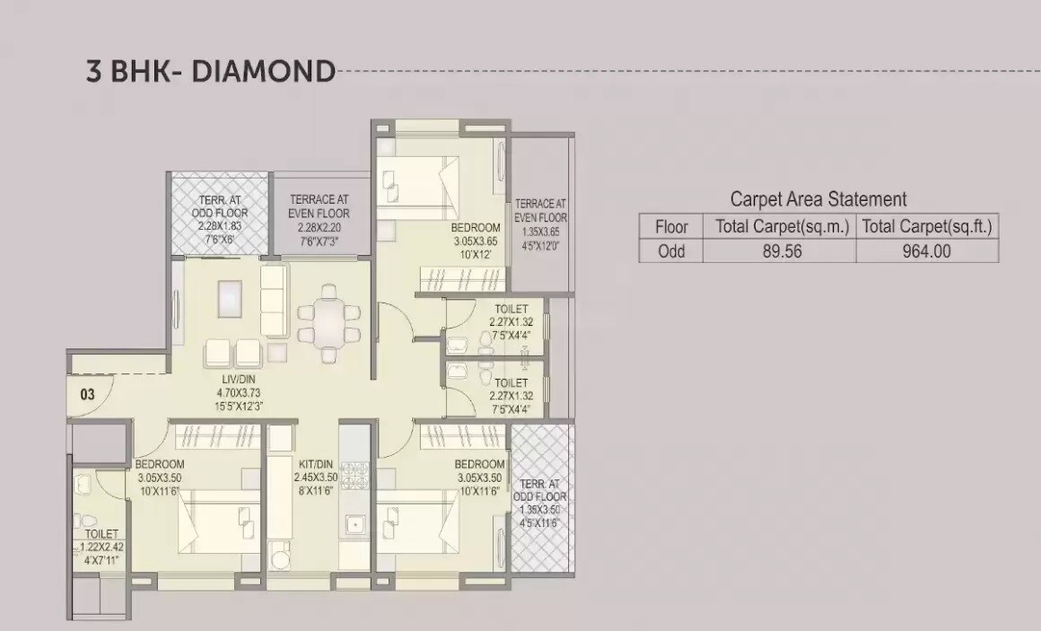 Floor plan of 3 BHK 816 Sq. Ft. Apartment in Space 64 Meridien, Pune