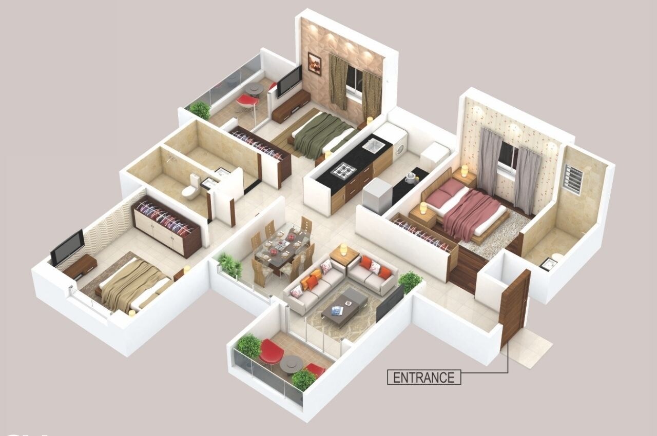 Floor plan of 3 BHK 1079 Sq. Ft. Apartment in Space 64 Meridien, Pune