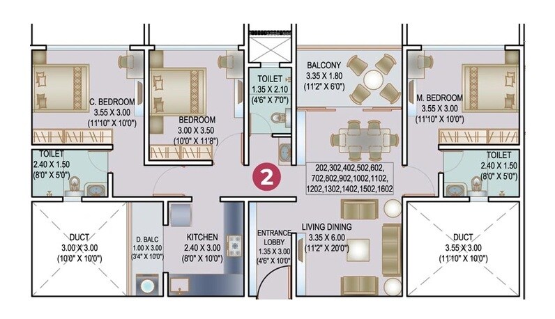 Floor plan of 3 BHK 1052 Sq. Ft. Apartment in Space Paramount Tower, Pune