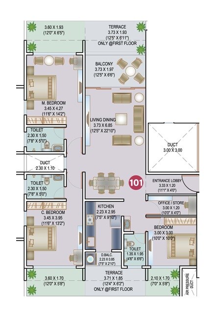 Floor plan of 3 BHK 1172 Sq. Ft. Apartment in Space Paramount Tower, Pune