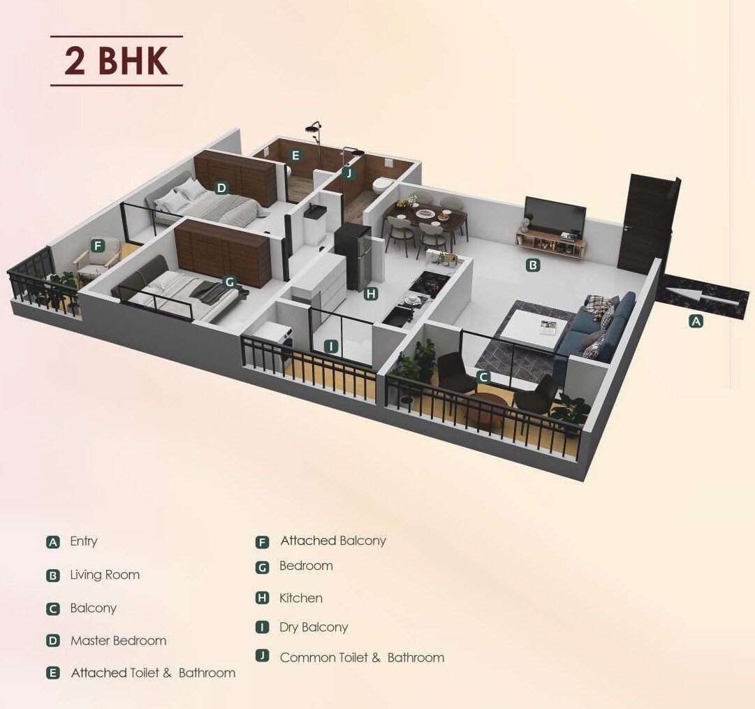 Floor plan of 2 BHK 737 Sq. Ft. Apartment in Space Silver Woods, Pune