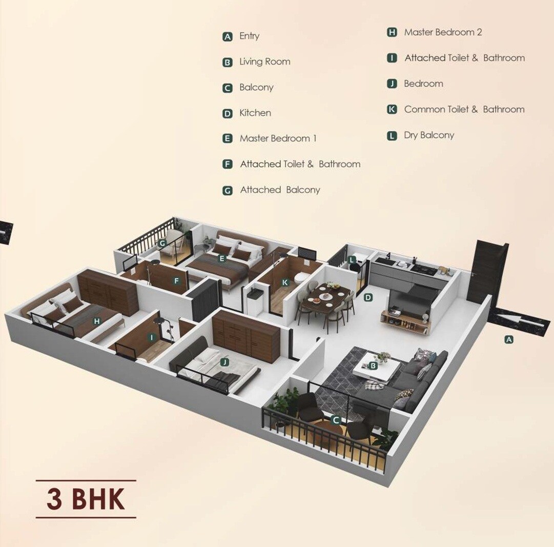 Floor plan of 3 BHK 940 Sq. Ft. Apartment in Space Silver Woods, Pune
