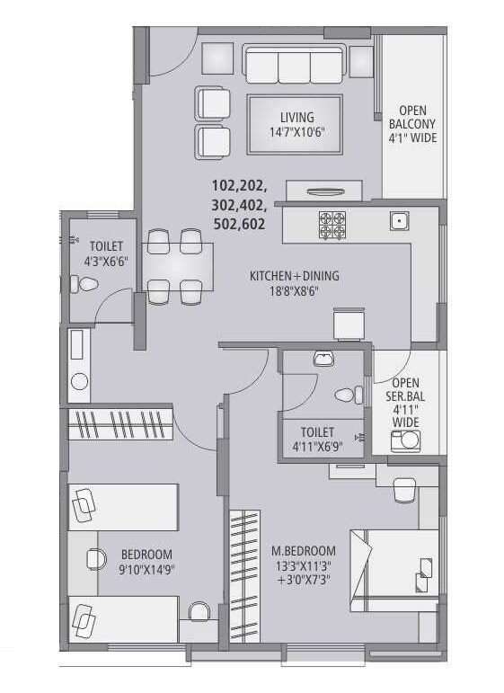 Floor plan of 2 BHK 841 Sq. Ft. Apartment in Spaciability 18 Jewels, Pune