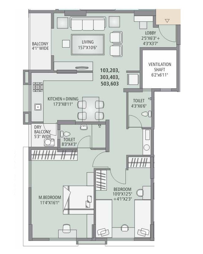 Floor plan of 2 BHK 888 Sq. Ft. Apartment in Spaciability 18 Jewels, Pune