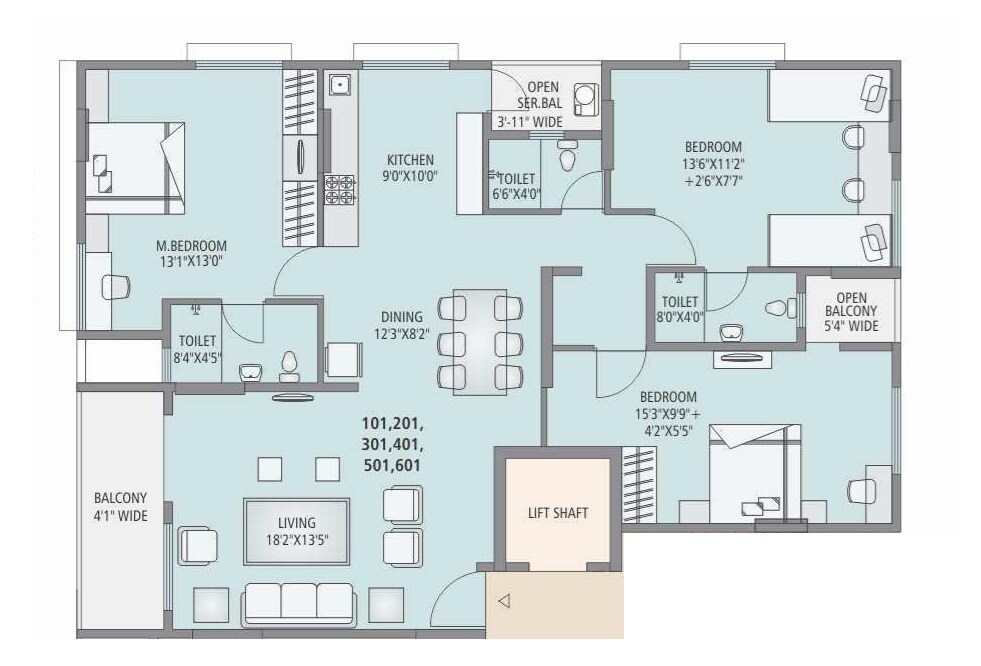 Floor plan of 3 BHK 1260 Sq. Ft. Apartment in Spaciability 18 Jewels, Pune