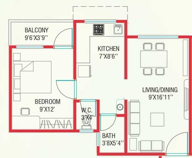Floor plan of 1 BHK 213 Sq. Ft. Apartment in Spark Urban Bliss, Pune