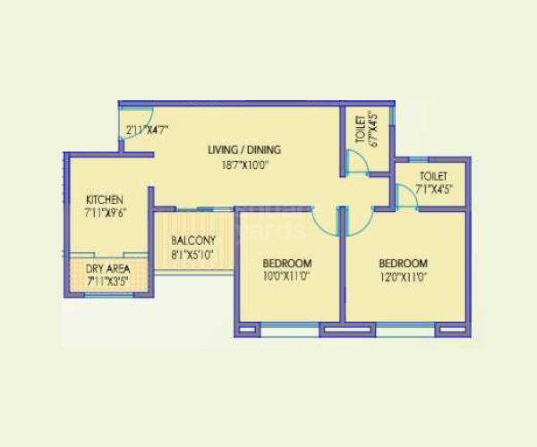 Floor plan of 2 BHK 739 Sq. Ft. Apartment in SPB Palaash Aayush, Pune
