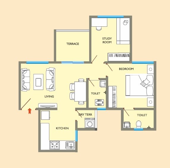 Floor plan of 2 BHK 680 Sq. Ft. Apartment in Spectrum BA Swadesha, Pune