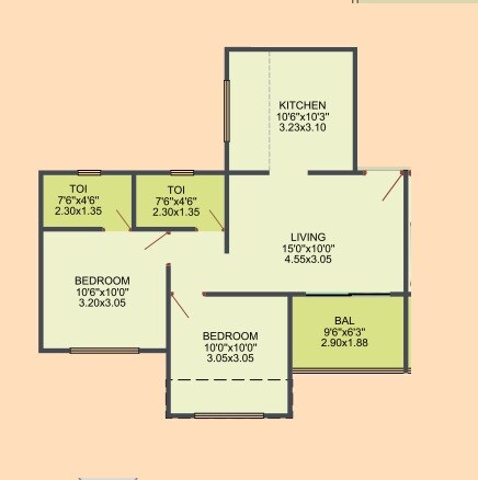 Floor plan of 2 BHK 576 Sq. Ft. Apartment in Spectrum BA Swadesha, Pune