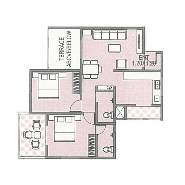 Floor plan of 2 BHK 634 Sq. Ft. Apartment in Spine City Residency, Pune