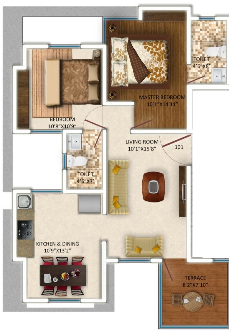 Floor plan of 2 BHK 866 Sq. Ft. Apartment in Spiro Esta, Pune