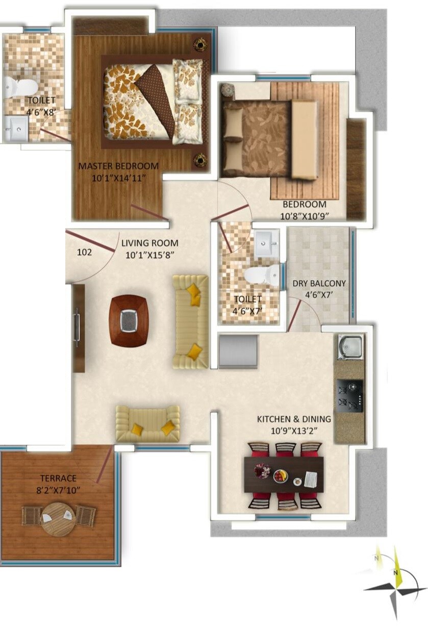 Floor plan of 2 BHK 902 Sq. Ft. Apartment in Spiro Esta, Pune