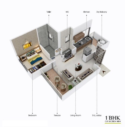 Floor plan of 1 BHK 432 Sq. Ft. Apartment in SR Devrai, Pune