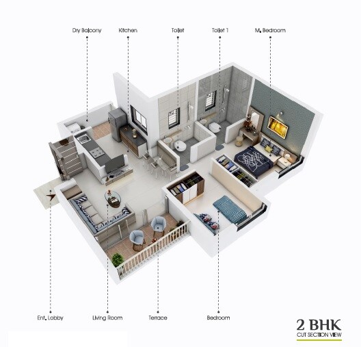 Floor plan of 2 BHK 571 Sq. Ft. Apartment in SR Devrai, Pune
