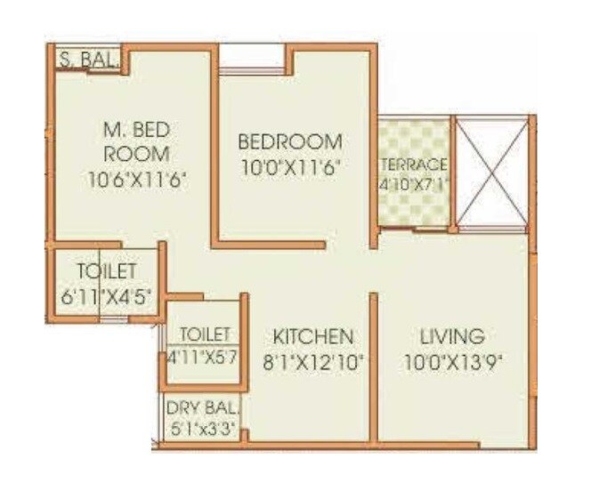 Floor plan of 2 BHK 678 Sq. Ft. Apartment in SR Om Paradise, Pune