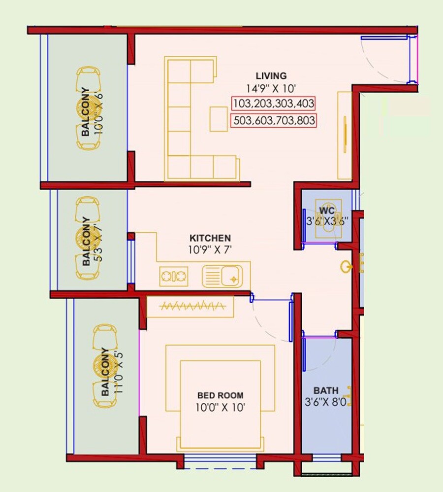 Floor plan of 1 BHK Apartment - 567 sq. ft. in SR Tirupati Nivas, Pune