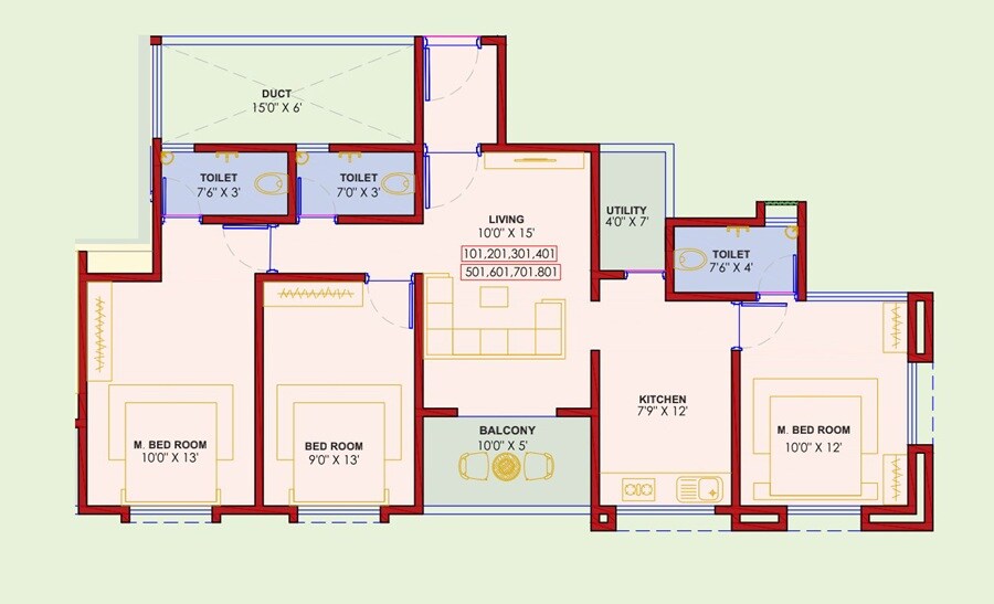 Floor plan of 3 BHK Apartment - 919 sq. ft. in SR Tirupati Nivas, Pune