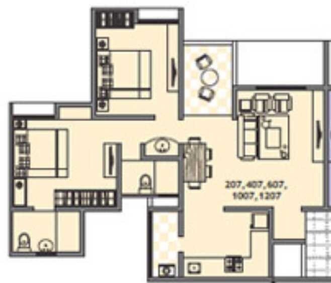 Floor plan of 2 BHK 609 Sq. Ft. Apartment in Sree Mangal Daffodils Avenue, Pune