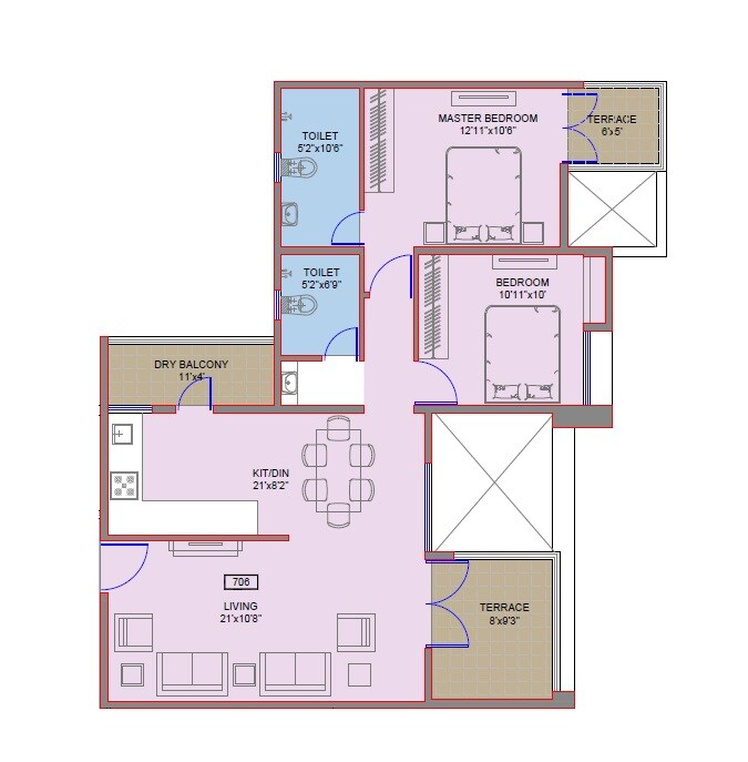 Floor plan of 2 BHK 677 Sq. Ft. Apartment in Sri Apple Regency, Pune