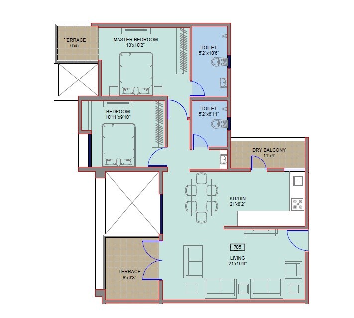 Floor plan of 2 BHK 990 Sq. Ft. Apartment in Sri Apple Regency, Pune