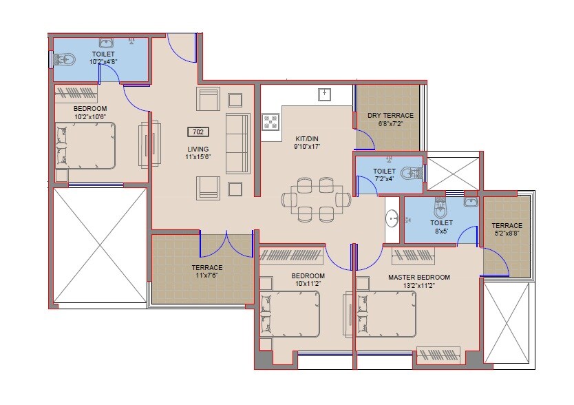 Floor plan of 3 BHK 1061 Sq. Ft. Apartment in Sri Apple Regency, Pune