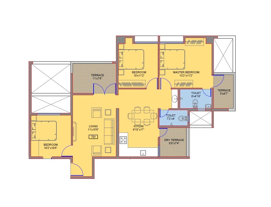 Floor plan of 3 BHK 1203 Sq. Ft. Apartment in Sri Apple Regency, Pune