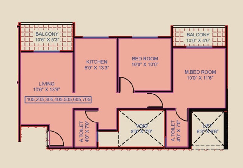 Floor plan of 2 BHK 683 Sq. Ft. Apartment in Sri Lotus Empire, Pune