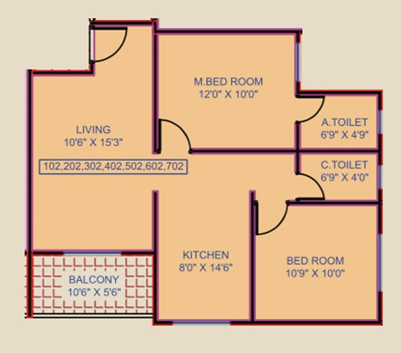 Floor plan of 2 BHK 706 Sq. Ft. Apartment in Sri Lotus Empire, Pune