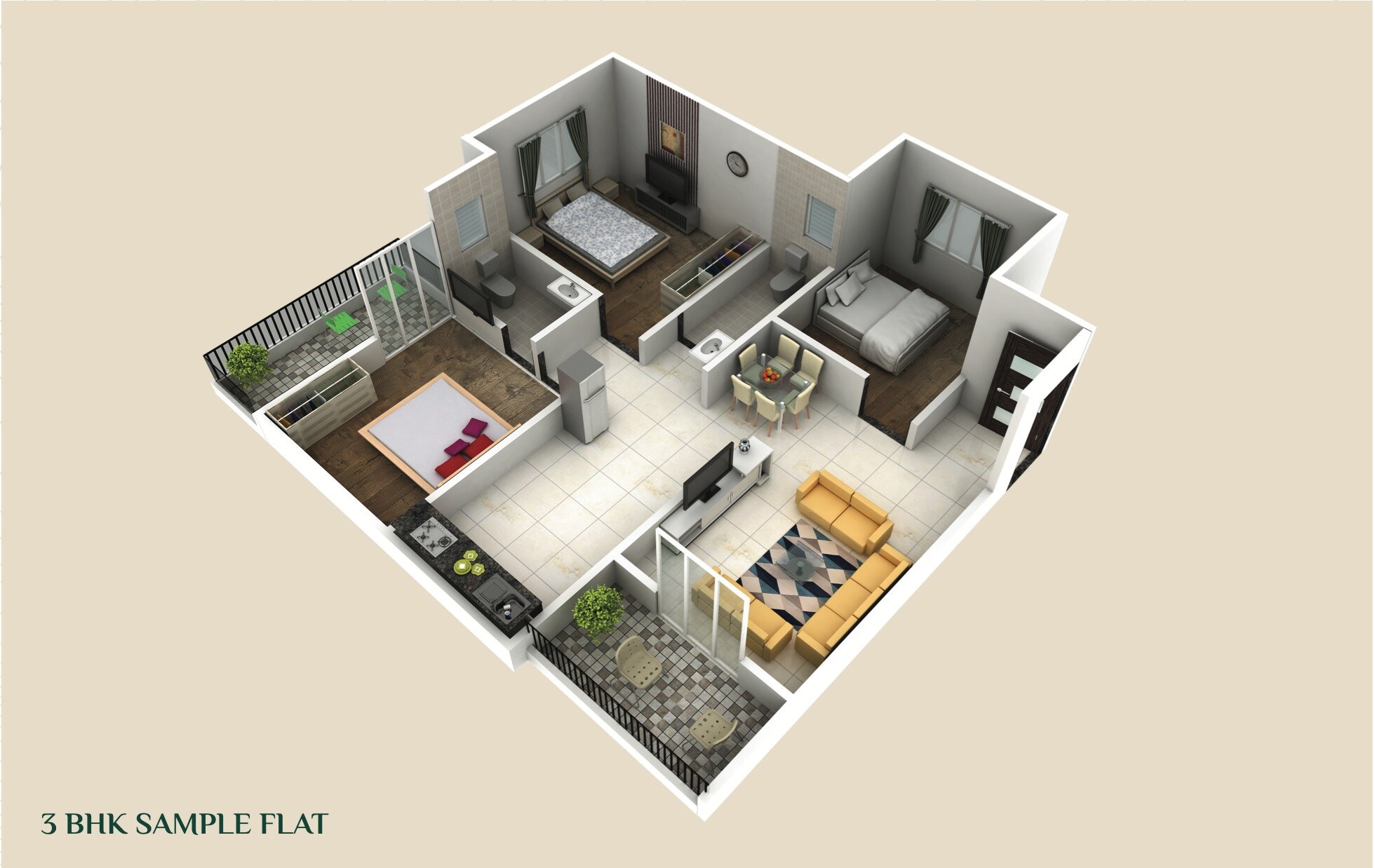 3 BHK 850 Sq. Ft. Apartment