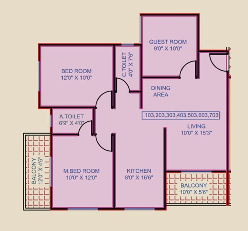 Floor plan of 3 BHK 853 Sq. Ft. Apartment in Sri Lotus Empire, Pune