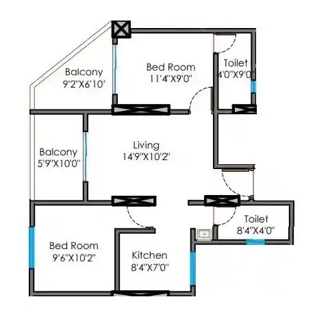 Floor plan of 2 BHK 633 Sq. Ft. Apartment in Srinivas Empire, Pune