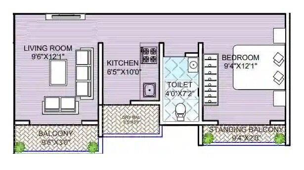 Floor plan of 1 BHK 376 Sq. Ft. Apartment in SRK Heritage, Pune