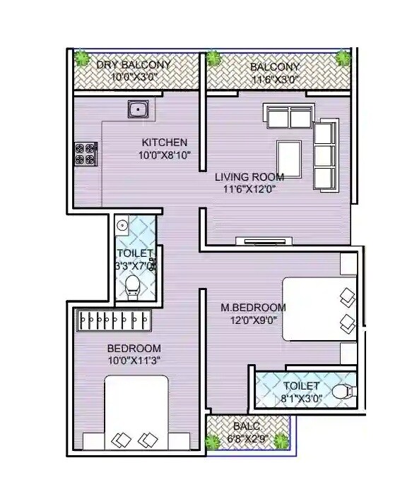 Floor plan of 2 BHK 591 Sq. Ft. Apartment in SRK Heritage, Pune