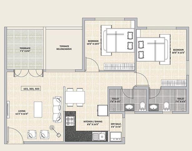 Floor plan of 2 BHK Apartment - 855 sq. ft. in SRK My Nest, Pune