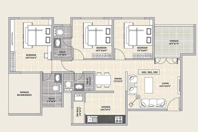 Floor plan of 3 BHK Apartment - 1186 sq. ft. in SRK My Nest, Pune
