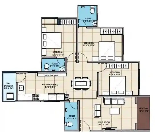 Floor plan of 3 BHK 1051 Sq. Ft. Apartment in SRK Platinum, Pune