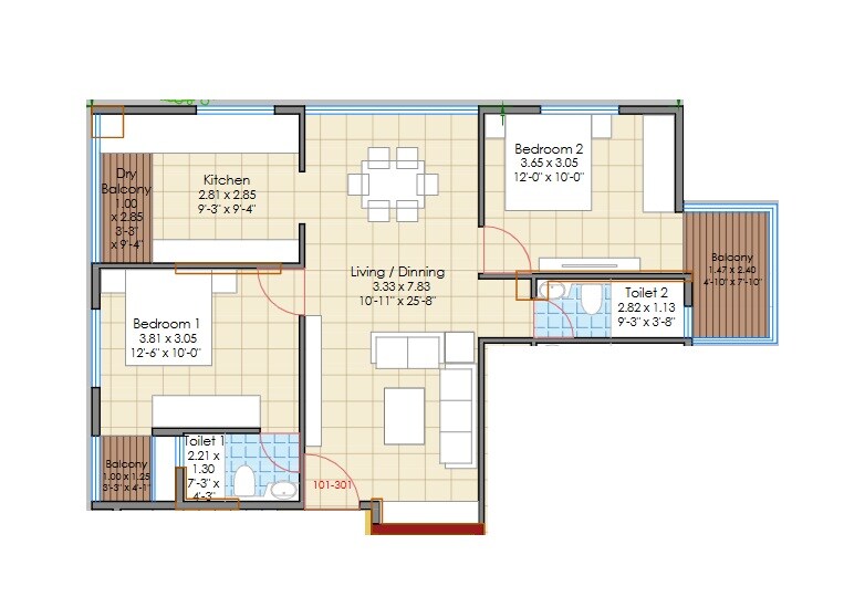 Floor plan of 2 BHK 793 Sq. Ft. Apartment in SRK Rupashri Apartments, Pune