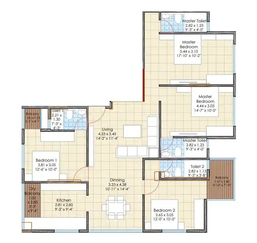 Floor plan of 4 BHK 1276 Sq. Ft. Apartment in SRK Rupashri Apartments, Pune