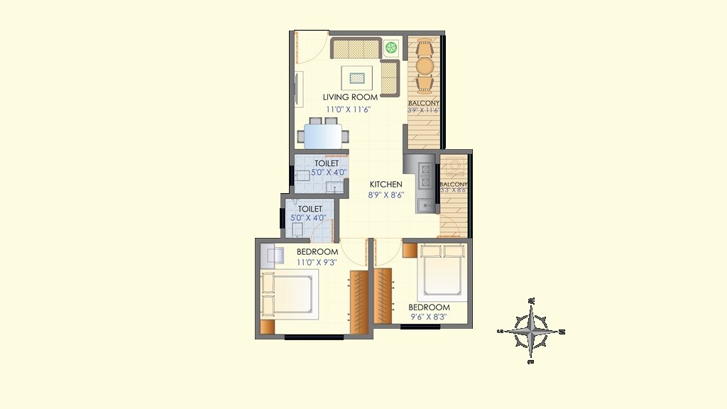 Floor plan of 2 BHK 540 Sq. Ft. Apartment in SRKD Komal, Pune