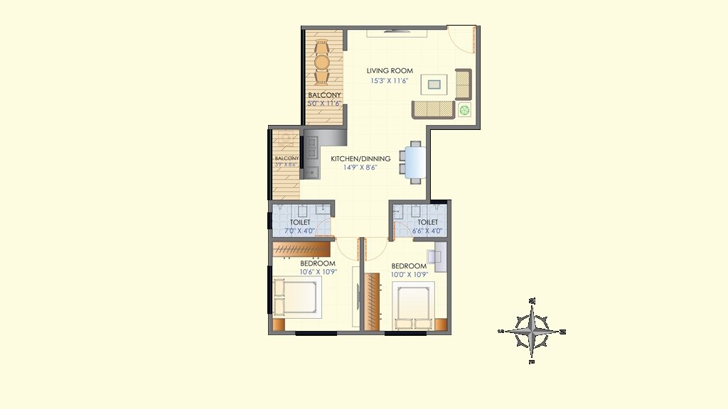 Floor plan of 2 BHK 731 Sq. Ft. Apartment in SRKD Komal, Pune