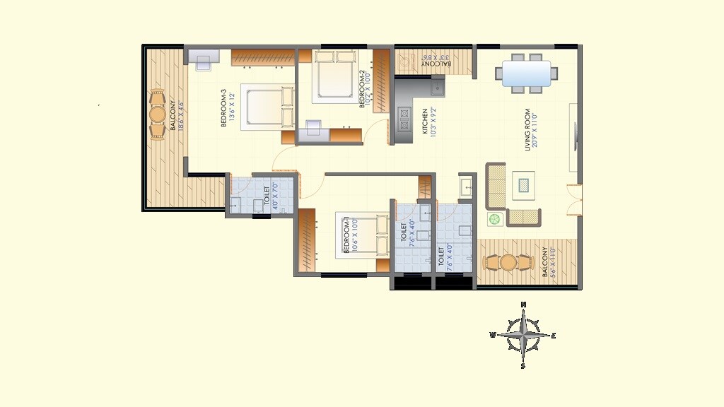 Floor plan of 3 BHK 1050 Sq. Ft. Apartment in SRKD Komal, Pune