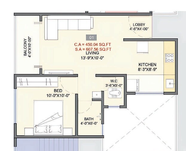 Floor plan of 1 BHK 450 Sq. Ft. Apartment in SRP Sai Amrut, Pune