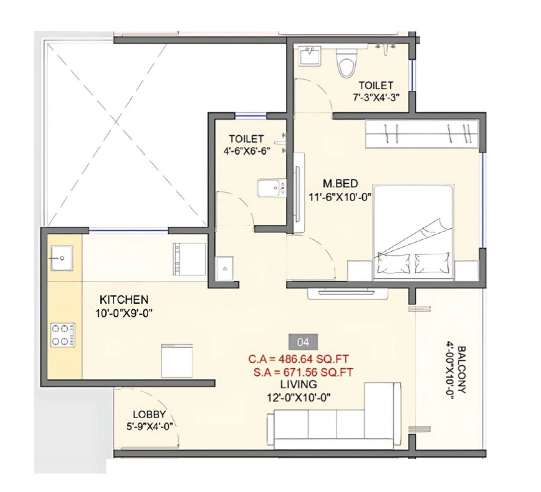 Floor plan of 1 BHK 487 Sq. Ft. Apartment in SRP Sai Amrut, Pune