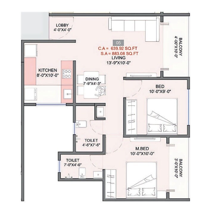 Floor plan of 2 BHK 640 Sq. Ft. Apartment in SRP Sai Amrut, Pune