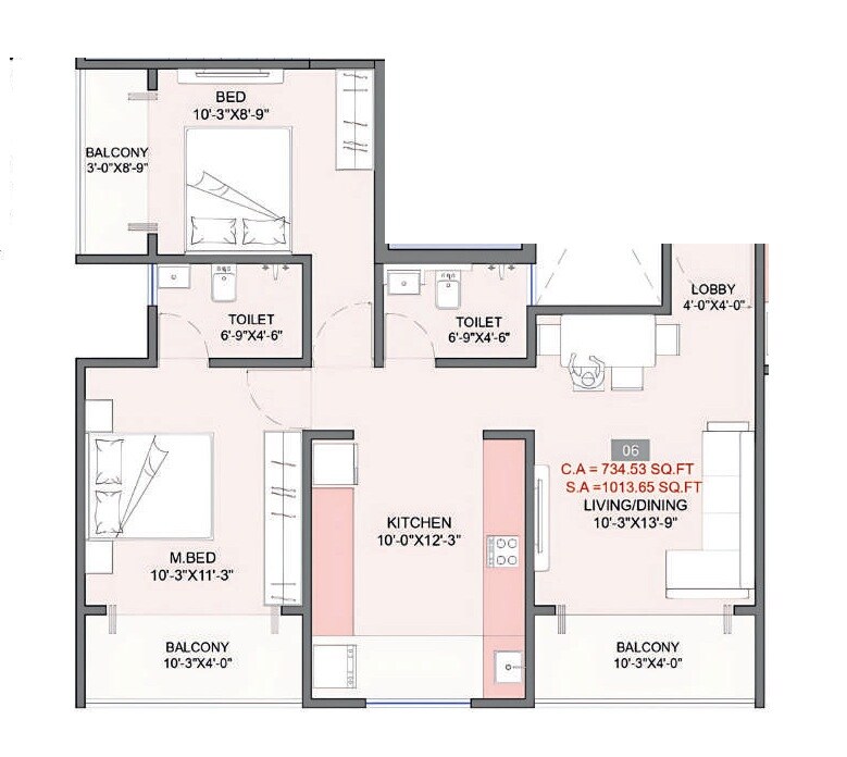Floor plan of 2 BHK 735 Sq. Ft. Apartment in SRP Sai Amrut, Pune