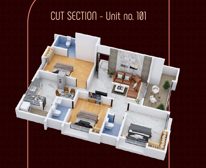 Floor plan of 3 BHK 874 Sq. Ft. Apartment in SRR Royal Petals, Pune