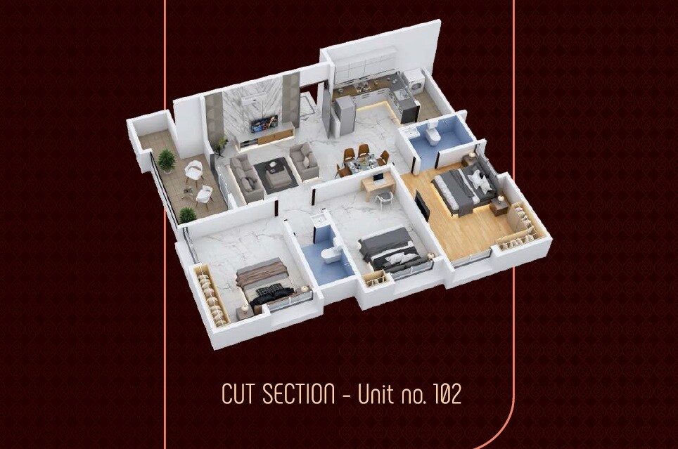 Floor plan of 3 BHK 896 Sq. Ft. Apartment in SRR Royal Petals, Pune