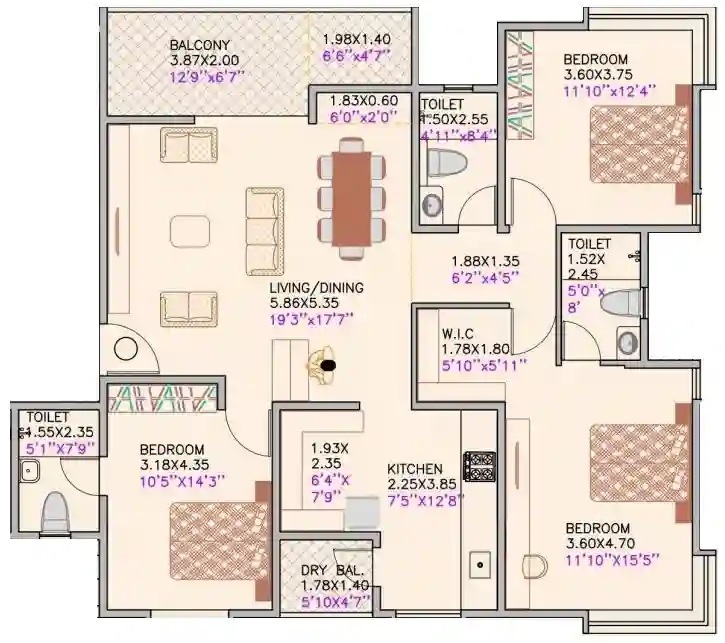 3 BHK 1225 Sq. Ft. Apartment in SRS Cyprus Oak