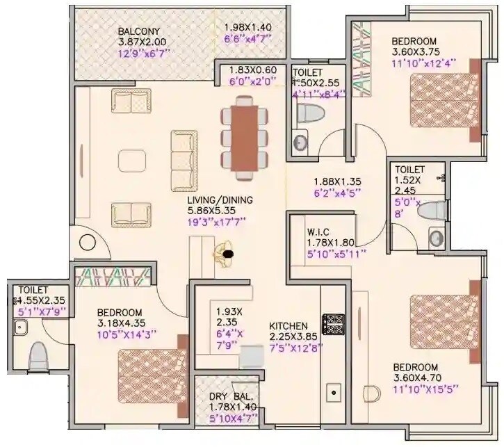 Floor plan of 3 BHK 1366 Sq. Ft. Apartment in SRS Cyprus Oak, Pune