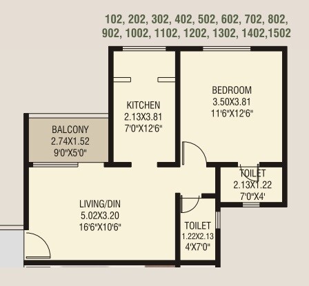 Floor plan of 1 BHK 544 Sq. Ft. Apartment in SS Blueroof Sylva, Pune
